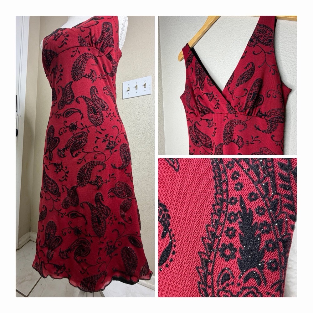 Vintage Y2K Red Black Paisley Sparkle Dress Stretchy Whimsigoth Boho M Modern S